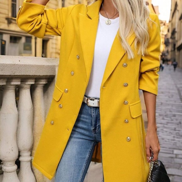 Yellow Women's French Button detailed long sleeved Jacket  Coat - Picture 6 of 6